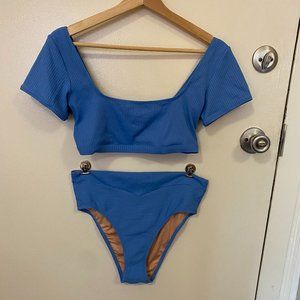 Madewell Oasis Blue Ribbed Bikini, Size Medium